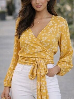 Billabong Love Floral Yellow Wrap Blouse Tie Waist M NWT